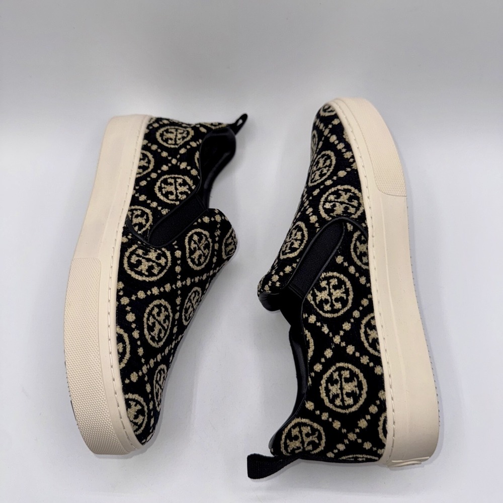 Tory Burch Monogram Soft Embossed Sneakers Women's Size 7.5 Black Chenille - Picture 8 of 13